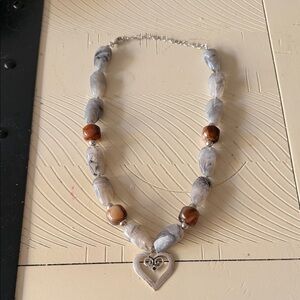 Gray Marble Bead Necklace with Brown Accent Beads and Heart Pendant